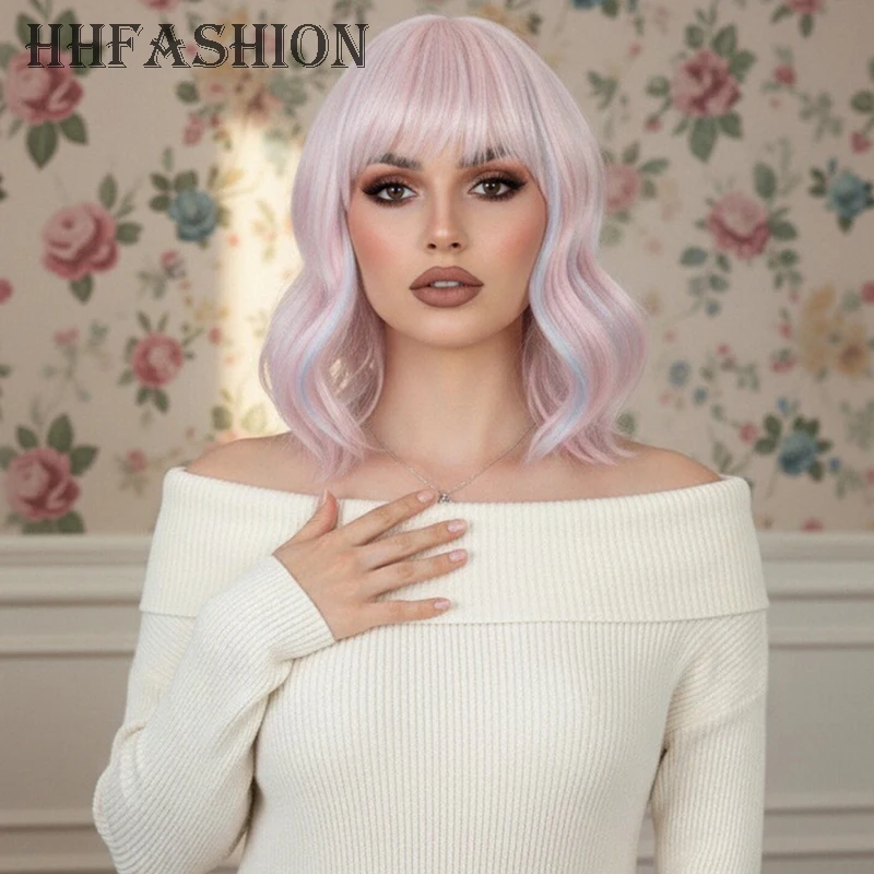 

14 inch elegant shortwave wig in pink blue color with soft curls, high-temperature synthetic fiber elastic mesh cap