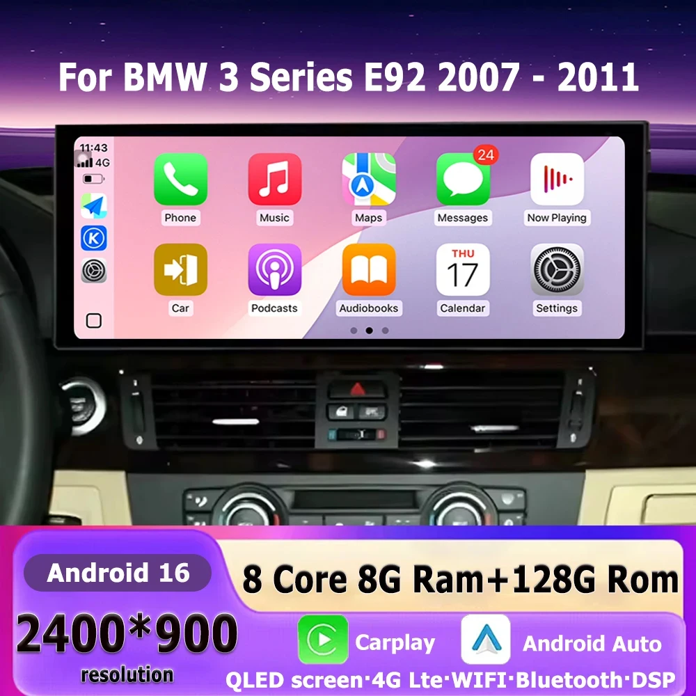 For BMW 3 Series E92 2007-2011 CCC/CIC System Android 16 Auto GPS Wireless Carplay Split Screen BT Car Radio Multimedia Player