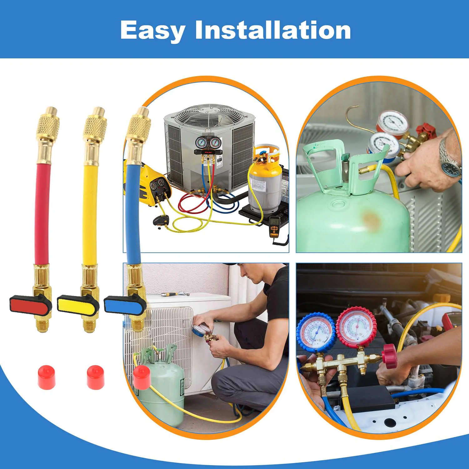 Magnetventil 3pcs R134A R410 R22 800-4000 PSI Manifold Gauge Set A/C Refrigeration Charging Hose HVAC Refrigerant Hoses Set with Ball Valve Weitere Ventile — Detail 1