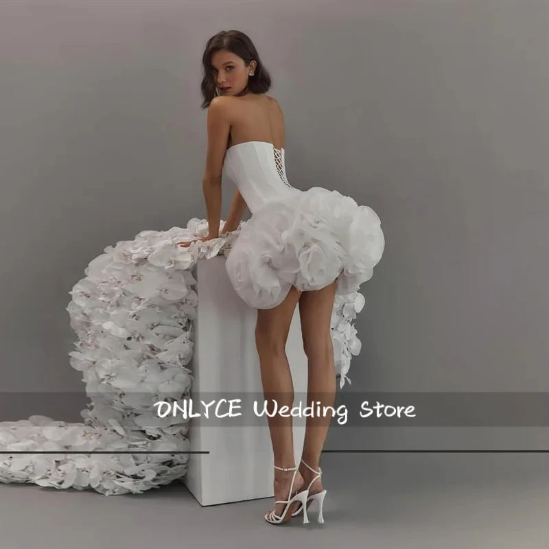 Stylish Short A Line Customized Weding Dress Satin Sleeveless Bridal Gown Strapless Organza Pleated Bachelorette Prom Gown