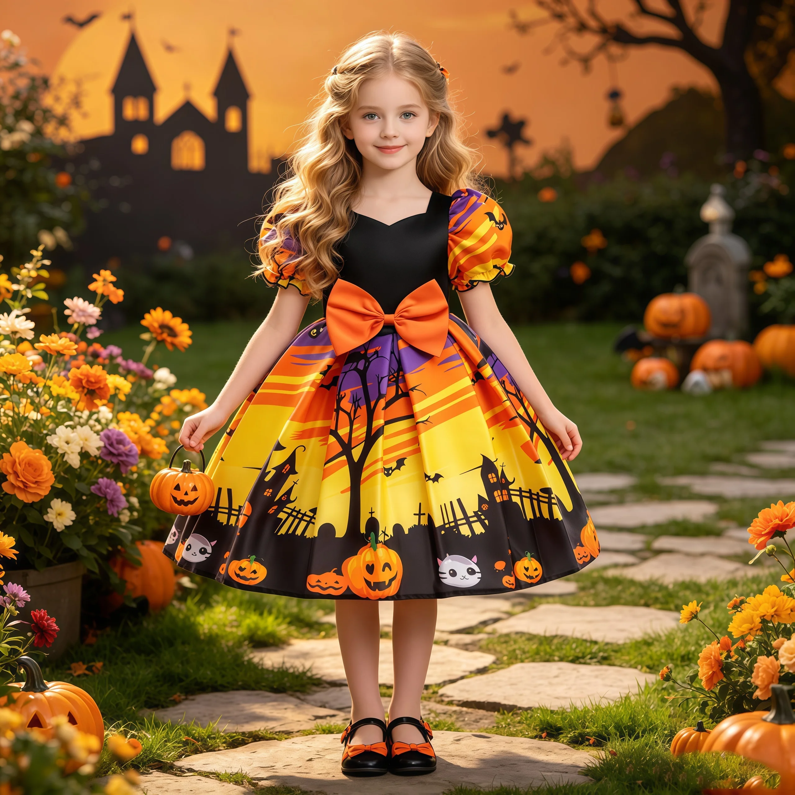 Fancy Pumpkin Party Girls Dress Fancy Church Bat Birthday Wedding Bridesmaids Dresses Girl Carnival Christmas Halloween Costumes