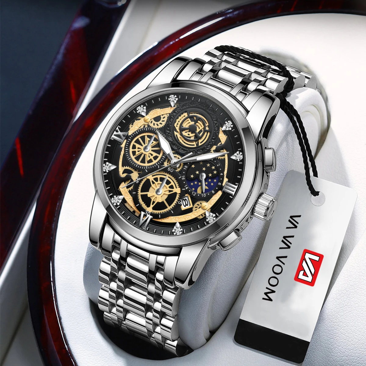 Classic Men Watch Racing Style 41mm Gold Rhinestone Stainless Steel Mesh 3Bar Waterproof Quartz Sports Business watch For Male