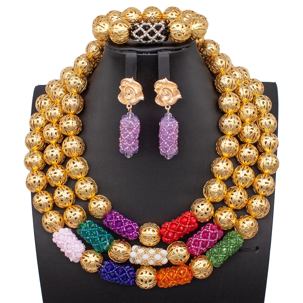 Fashion Gold Jewelry Women African Nigerian Wedding Jewelry Sets Colorful Bead Pendant Statement Necklace Set BrideABG096