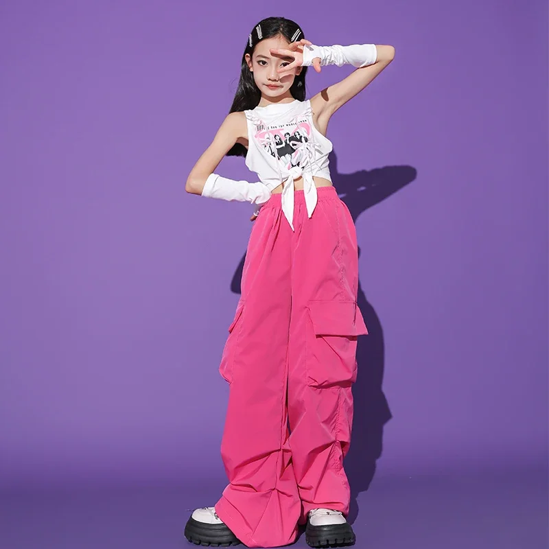 Kids Hip Hop Clothing White Crop Tank Tops with Gloves Rose Pink Casual Cargo Pants for Girl Jazz Dance Costumes Street Clothes