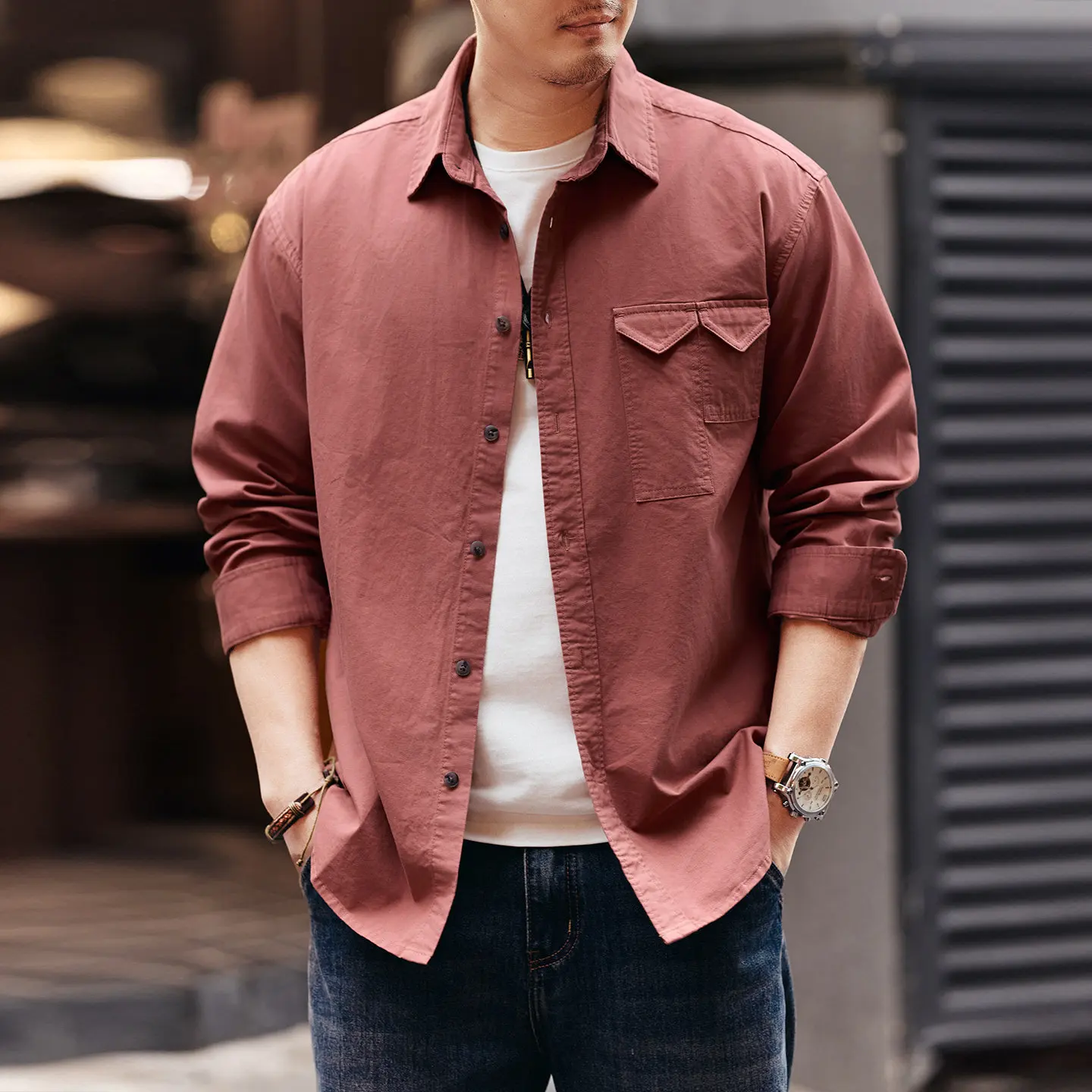 Men's Spring-Autumn New Model American Retro Long-Sleeved Shirt Trend Brand Loose Casual Irregular Pockets Pure Cotton Shirt