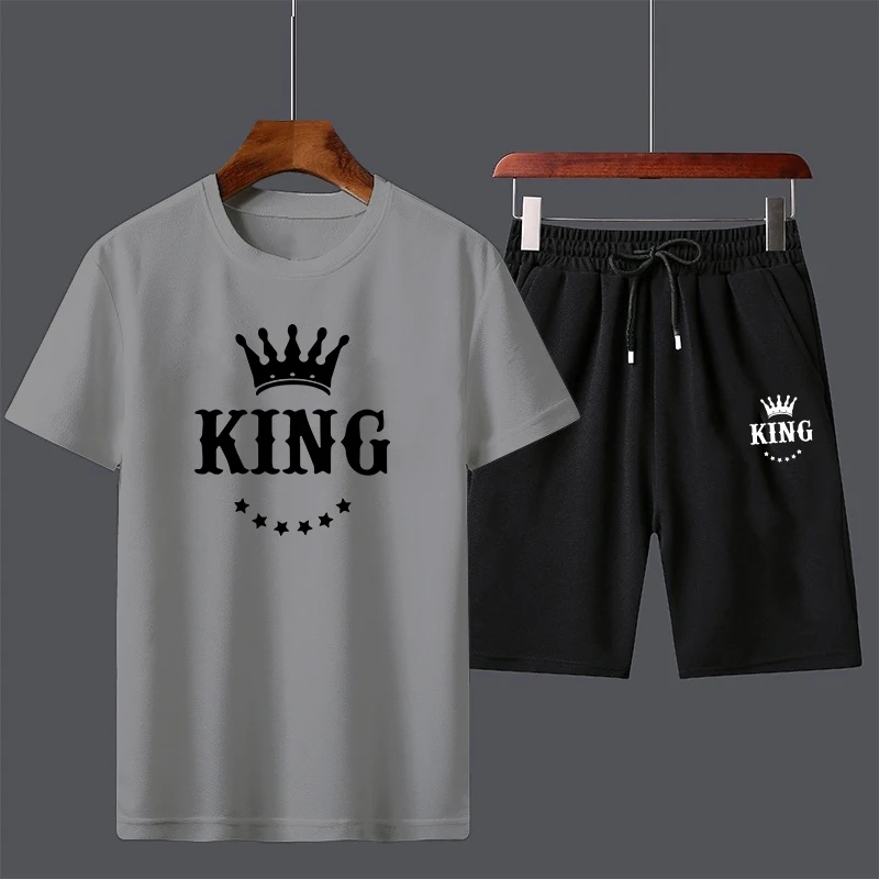 New Summer King Print Men\'s T-shirt Suits Short Sleeve Cotton T-shirt Short 2 Peices Set Tracksuits Jogging Suit 6 Colors