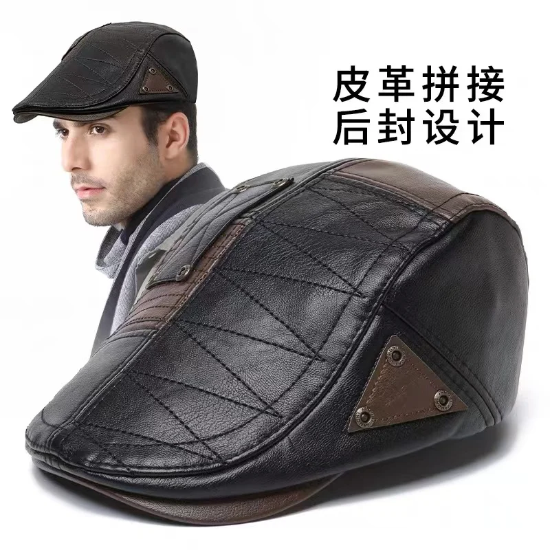 Fashion Men\'s PU Leather Beret Autumn Winter New Original Design Hat Male Thermal Velvet Cap Cold Day Leisure Forward Hat Gents