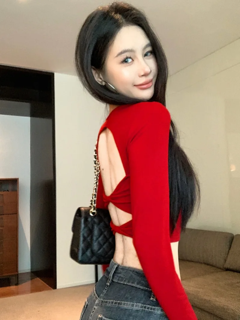 

Spicy Girl Y2K Short Sleeveless Women's T-Shirt Built-in Chest Pad Slim Fit Backless Trendy Top for Autumn Commute Style