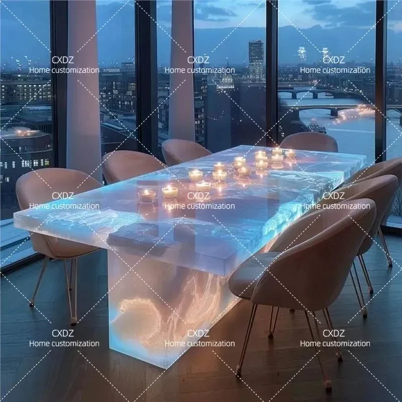Natural Pink Jade Dining Table Rectangular Luxury Stone Island White Marble High End Light Luxury Modern Kitchen Furniture