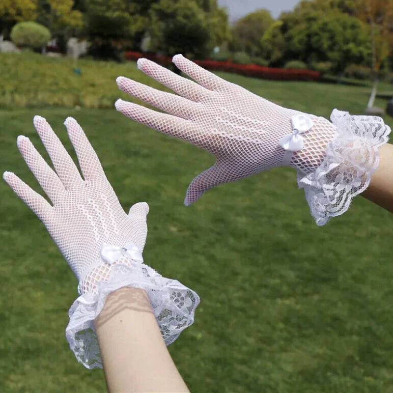 Girls Lolita Lace Hollow Out Gloves Women Ceremony Etiquette Mesh Thin Mittens Gothic Punk Sexy Glove Black White Soft Elastic