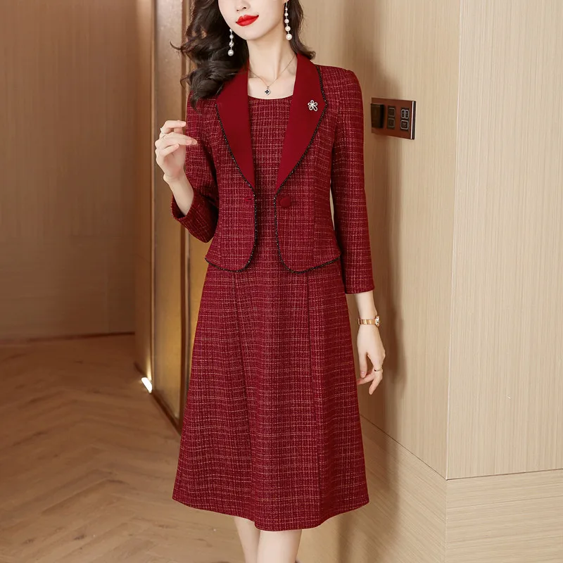 2023 Autumn/Winter New Women\'s Suit Coat Long Dress Two Piece Set Loose Large Casual Plaid Print Jacket Knee Length Dress Set