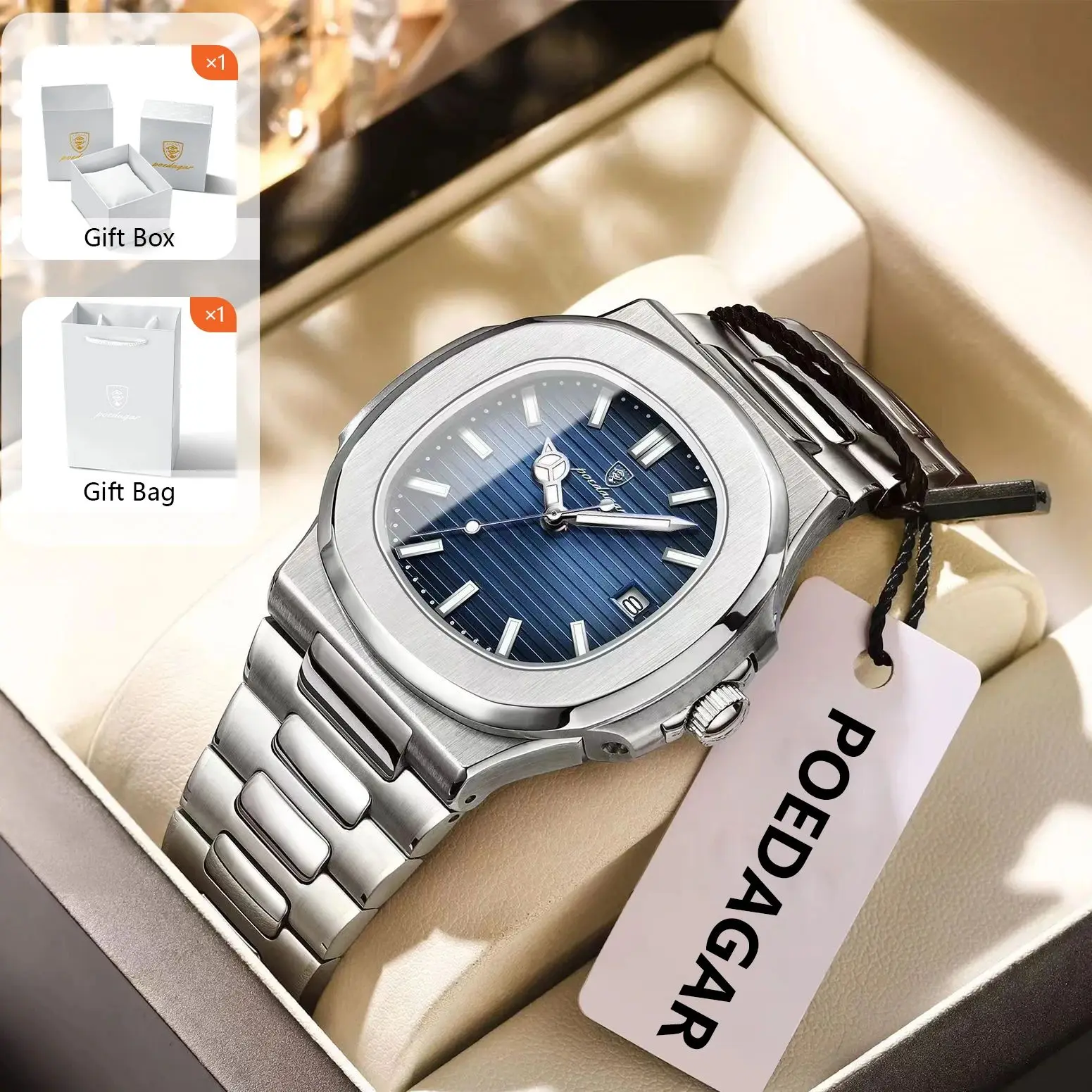 POEDAGAR Original Fashion Watch For Men Luminous Waterproof Stainless Steel Man Clock Date Quartz Luxury Men's Watches+Gift Box