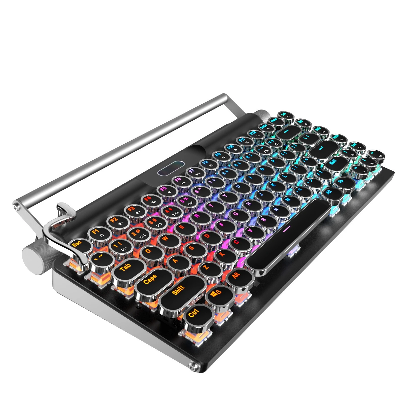 2.4G Wireless Bluetooth 3-Mode Mechanical Keyboard, Retro Typewriter Round Keycaps Steampunk Keyboard