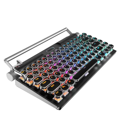 2.4G Wireless Bluetooth 3-Mode Mechanical Keyboard, Retro Typewriter Round Keycaps Steampunk Keyboard