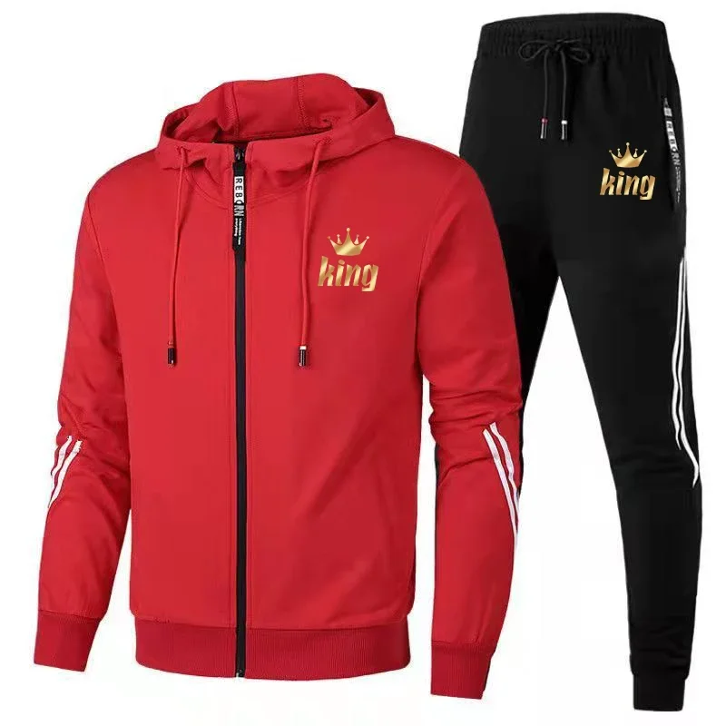 Newest Couple Fashion Zipper Tracksuit Long Sleeve Hoodie + Sports Pants Sets King Queen Pullover Tops Men Women Casual Outfit