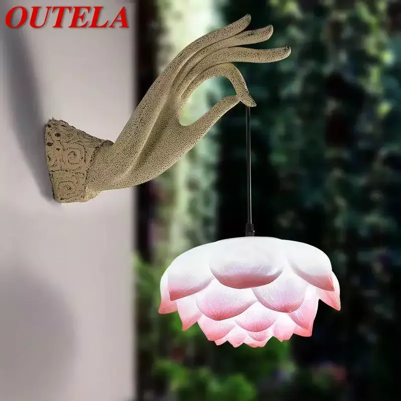 OUTELA 중국 스타일 벽 램프 아트 베르가못 연꽃 벽 램프, 복도 찻방 벽, 야외 안뜰 장식 조명