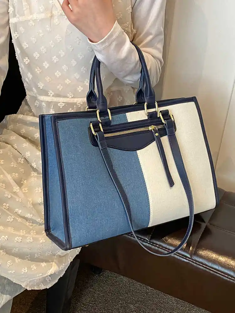 Tote Bag Women Large Capacity Briefcase Fashion Denim Splicing Handbags Korean Temperament Commuting One Shoulder Bags