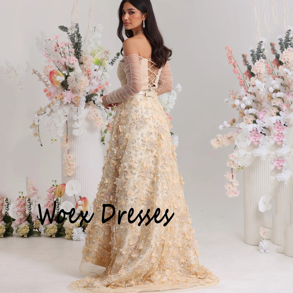 Sukienka wieczorowa bez ramiączek, satynowa, w kolorze szampana, z długimi rękawami, aplikacjami, trenem zamiatającym, sukienka na przyjęcie, długość do kostek, suknia na studniówkę.