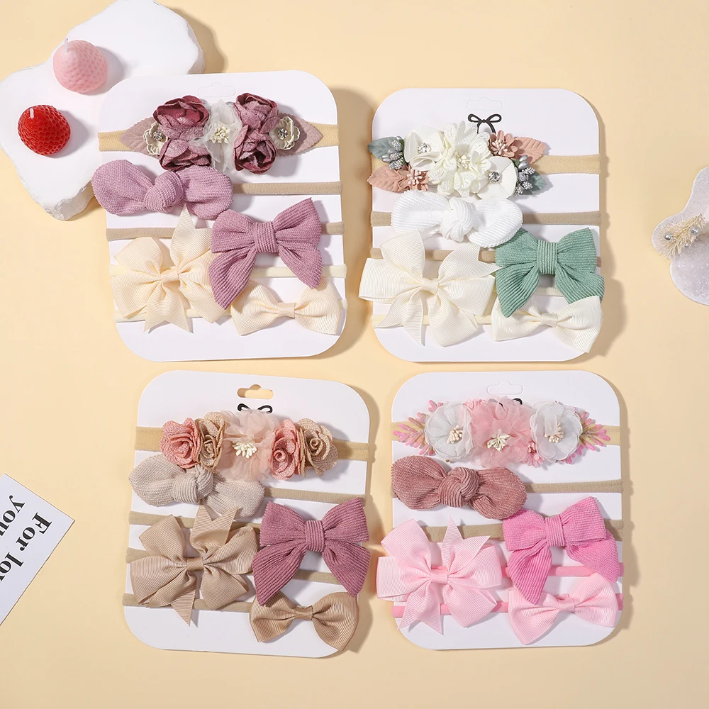 

5Pcs/Set Baby Girls Floral Bowknot Headband Set Exquisite Nylon Elastic Soft Hairbands for Party Dress up And Tourism