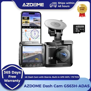 Kamera samochodowa AZDOME Dash Cam GS63H 4K z wbudowanym GPS, Wi-Fi, ekranem Starvis 2,4 cala, WDR, noktowizją, rejestrator jazdy samochodem i monitoringiem parkowania.