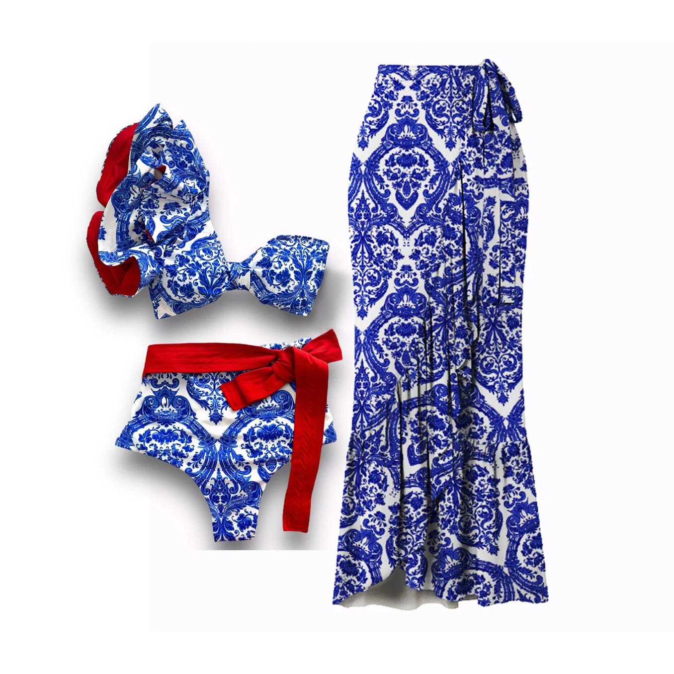 Printed Two Pieces Women Swimsuit With Cover Up Shoulder Ruffle Bikini Set  Sexy Strappy Swimwear Female Biquini Swim Suit Beach