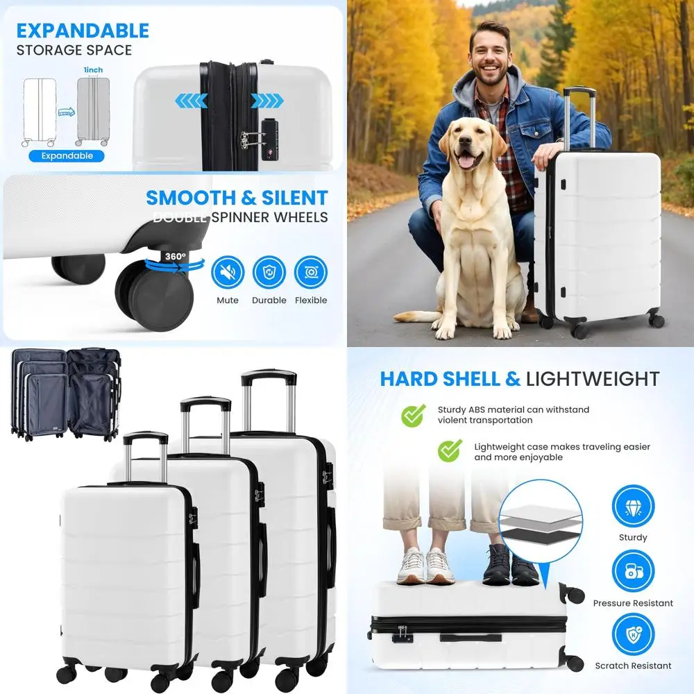 

Роскошный набор чемоданов из 3 предметов с вращающимися колесами, замком TSA, расширяемый чемодан с твердым корпусом, легкий, белый