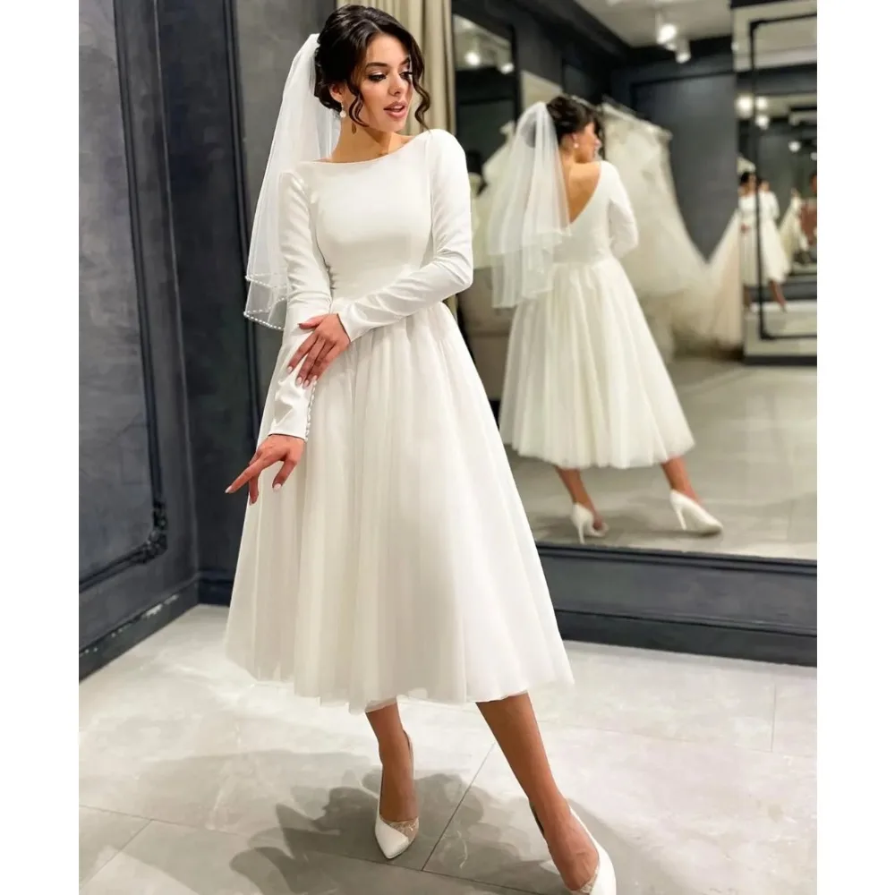 Elegant O-Neck Short Wedding Dresses Long Sleeves Tulle Skirt  A-Line Zipper Bridal Gown Vestido de novia Tea Length for Women