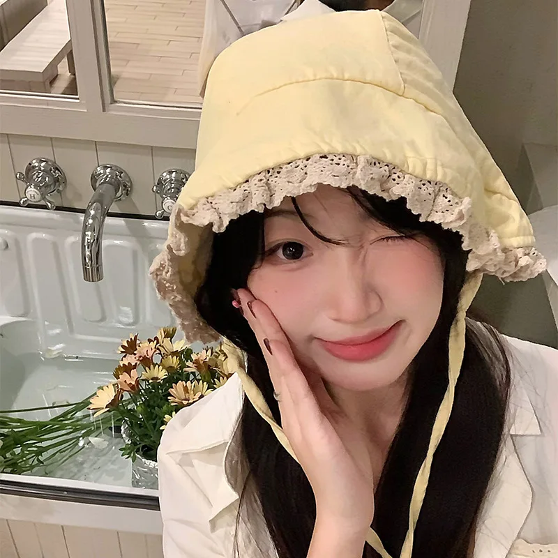 Y2K اليابانية الرجعية الدانتيل حافة لولي القبعات للنساء الصيف السفر صور شاطئ البحر عطلة تنوعا واقية من الشمس الحلو حزام قبعة الشمس