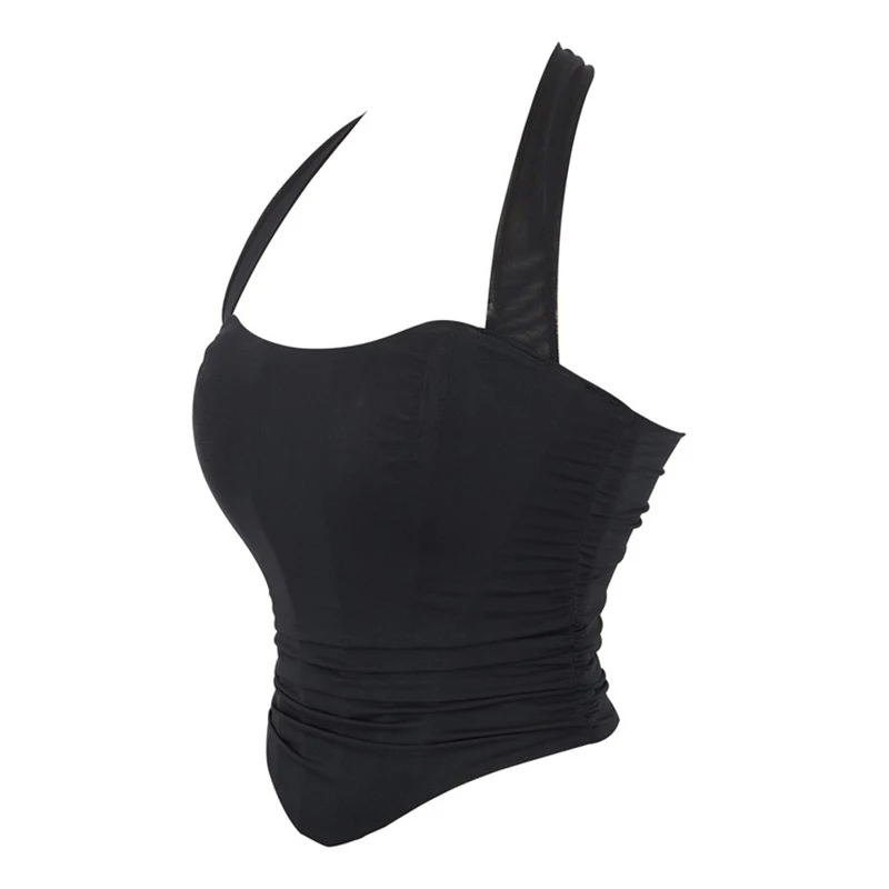 Elegant Women Overbust Corset Breathable Mesh Ruched Backless Halter Bustier Bodyshaper Club Crop Tube Top