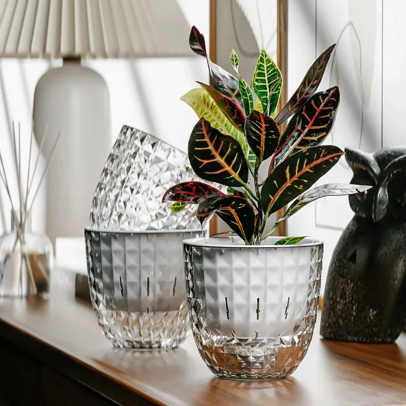 

3pcs Decorative Transparent Self-Watering Pots - Double-Layer Automatic Water-Absorbing Plastic Planters for Succulents