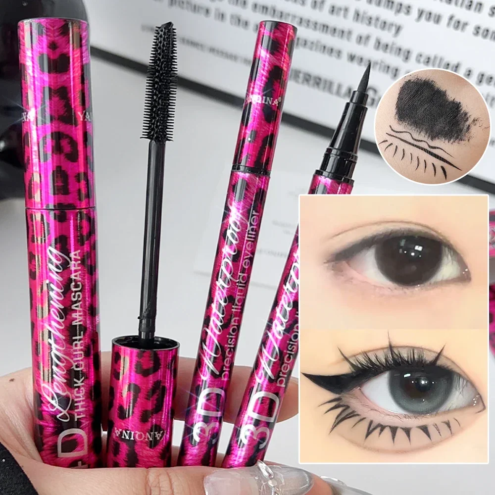 2-in-1 Eyeliner Mascara Set Dikke Curling 4D Mascara 3D Niet-vlekkende Vloeibare Eyeliner Potlood Blijvende Waterdichte Ogen Make-up Gereedschap