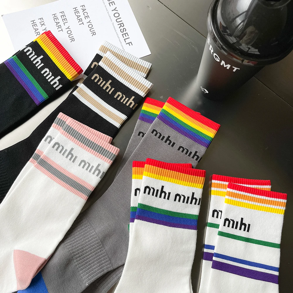 New Rainbow Women's Socks Ins Tide In The Tube Pressure Sports Fitness Yoga Stovepipe Running Half Cotton Letter Calf Stockings