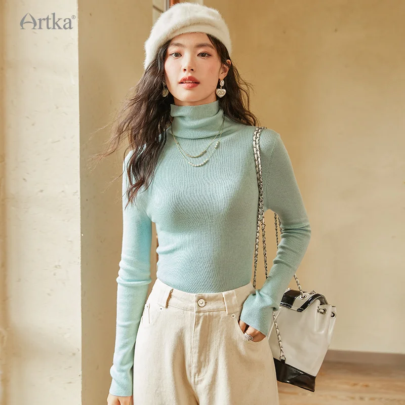 ARTKA 2023 Winter New Women Knitwear Multicolour Elegant Simple Slim Knitted Sweater Turtleneck Soft Wool Knitwear Top YB92335D