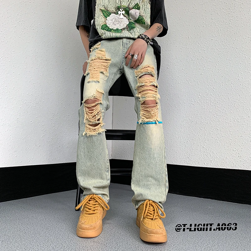 

Ripped American Style Men's Jeans Summer Trendy Brand Vintage Flared Straight Leg Slim Fit Casual Vibe Pants mid Waist Zipper
