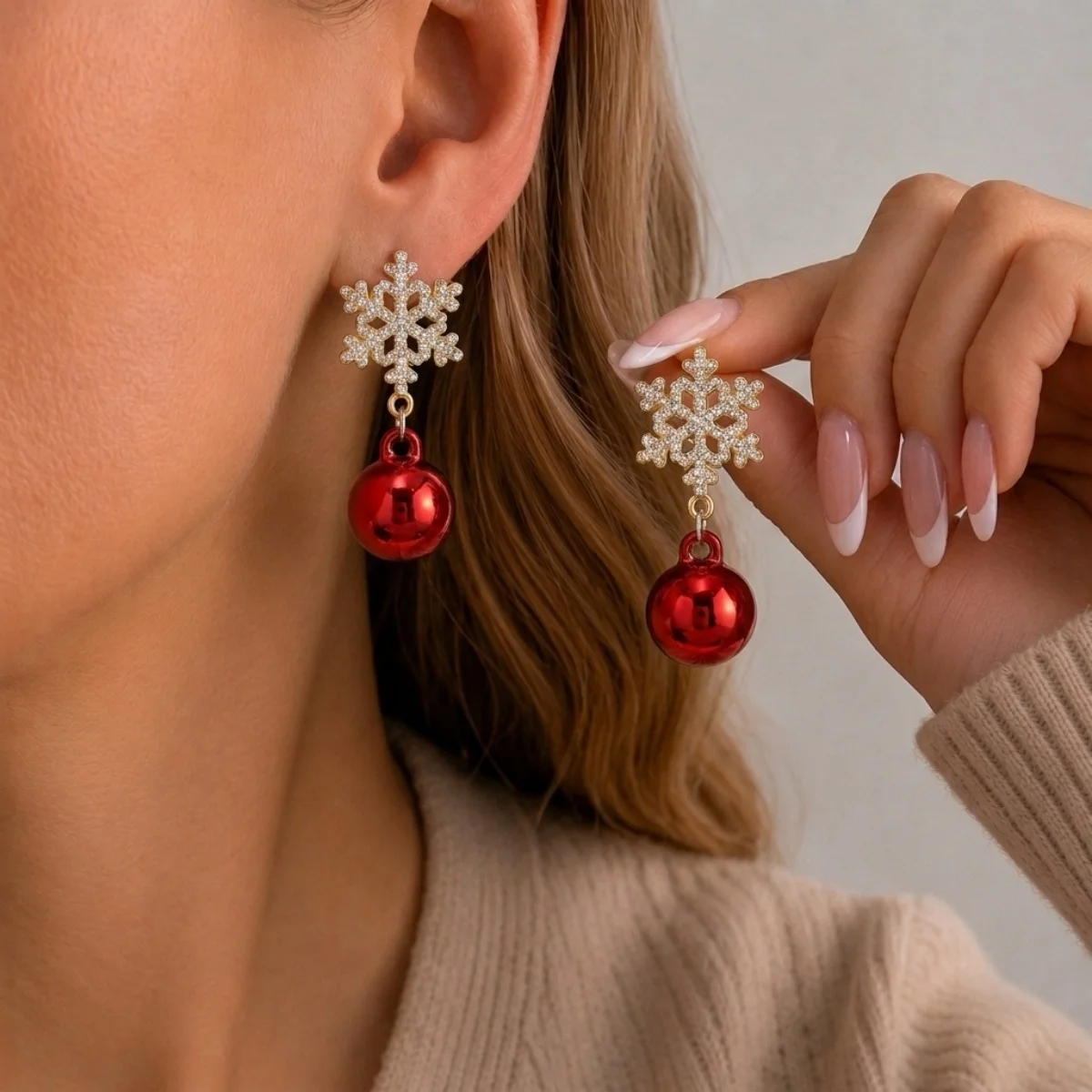 Weihnachtliche grün-rote Glitzer-Schleifenohrringe mit Kristallperlen und Glühbirnen für Damen, funkelnde Schneeflocken-Kugel-Ohrringe, Schmuck – Detail 24