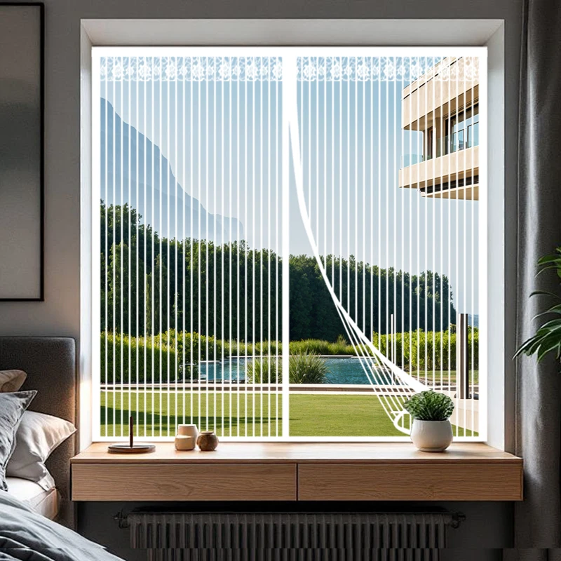 Summer Household White Striped Breathable Automatic Closing Magnetic Suction Type Thickened Sealed Mosquito-Proof Screen Window