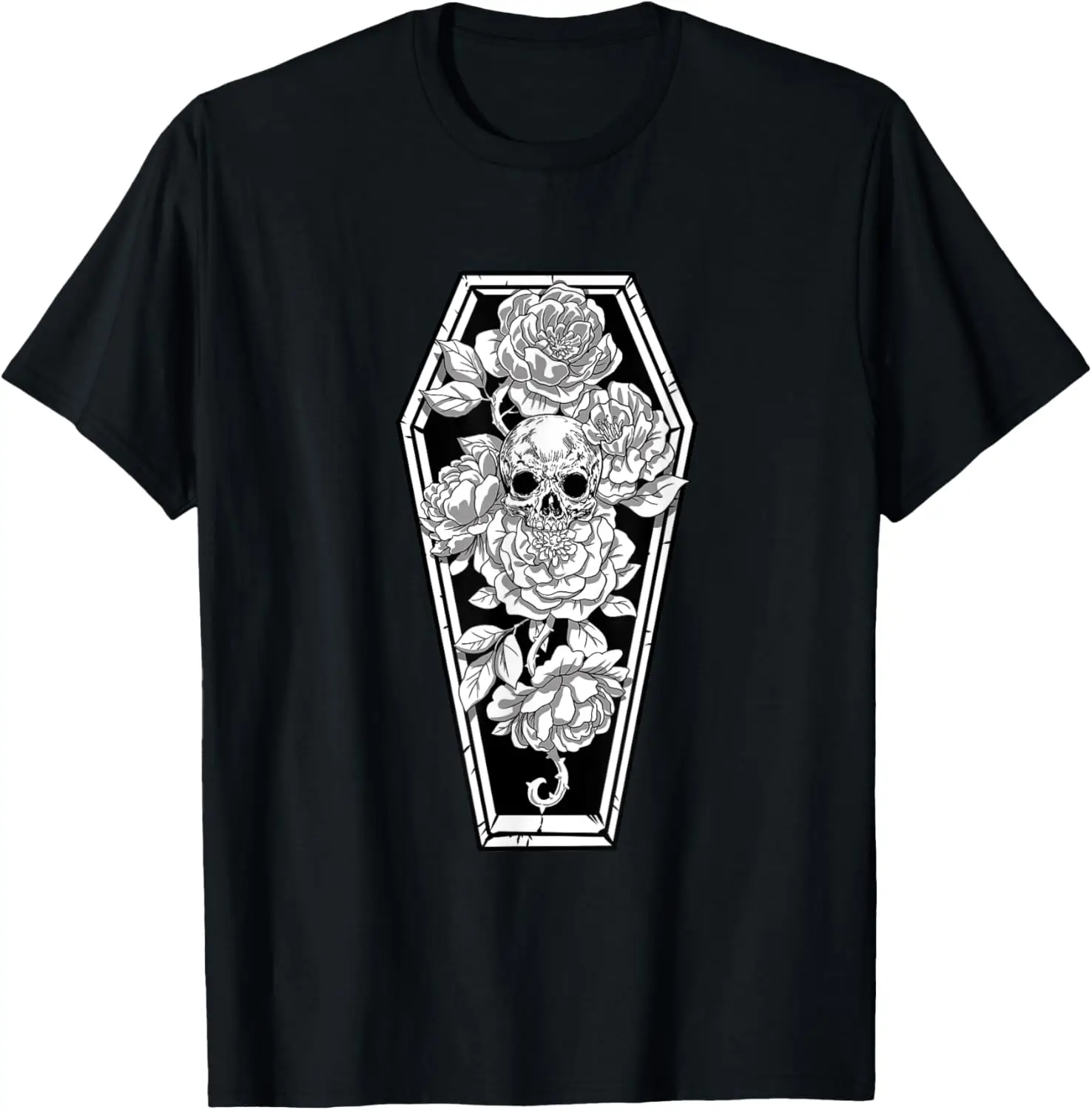 

Gothic Skull and Rose Shirt Spooky Halloween Coffin Occult T-Shirt
