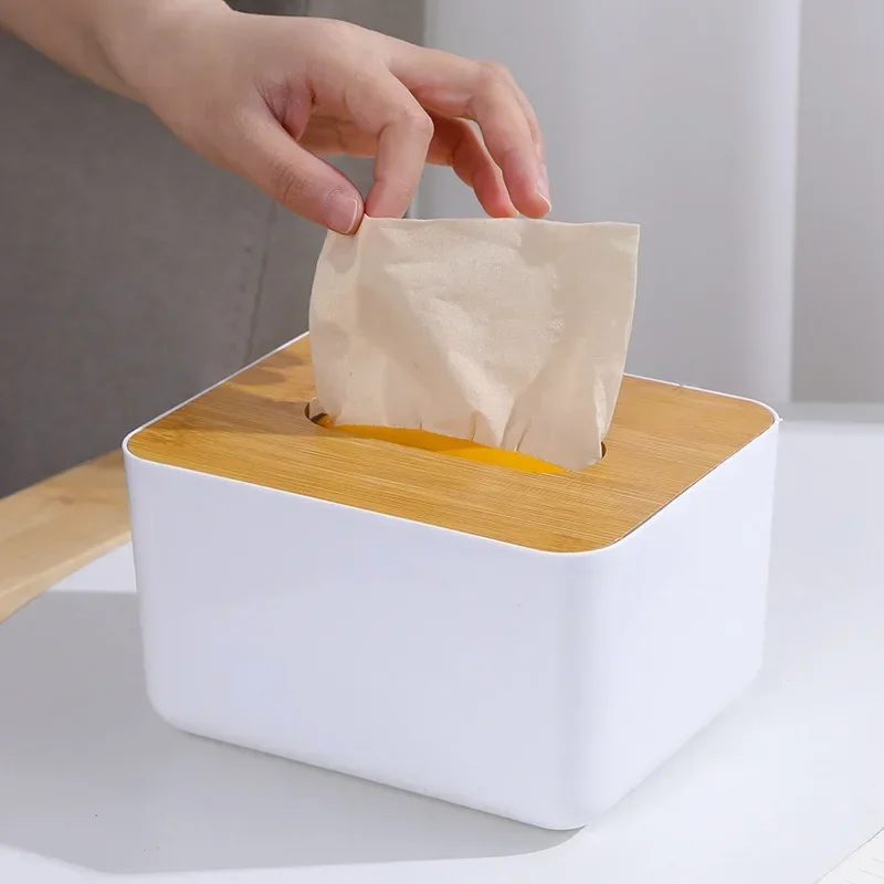 Plastic Tissue Box Wooden Lid Square Napkin Holder Container Wet Tissue Paper Dispenser Case Modern Home Car Organizer