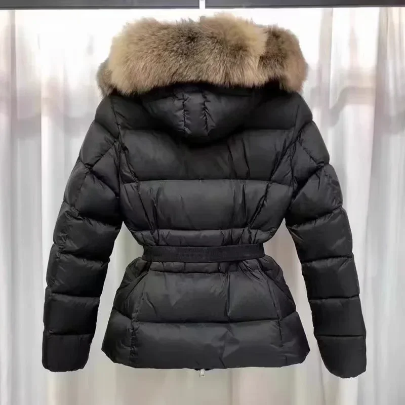 Fox Fur Collar Hooded 90% White Duck Down Coat Women Fashion Zipper Front Slim Waist Winter Thick Puffer Jacket Streetwear