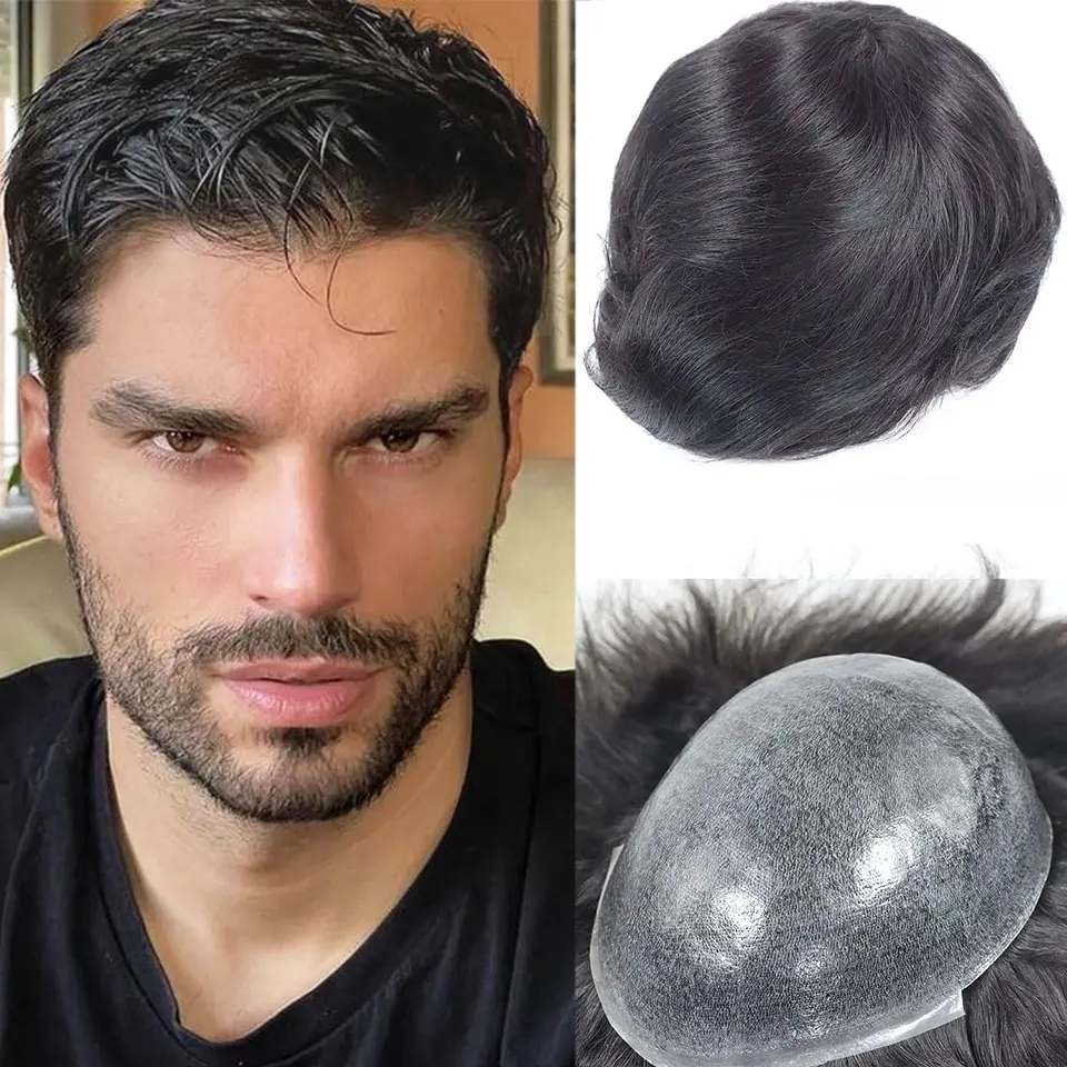 8 "x 10" полная кожа парик из искусственной кожи для мужчин инъекционный полный поли человеческие волосы мужской парик # 1B Мужской капиллярный протез, замена волос