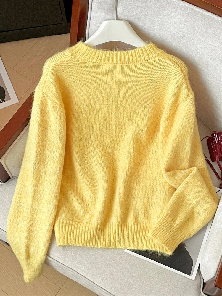 Women's Yellow Pullover Sweater Harajuku Long Sleeves O-Neck 3D Floral Sweaters Jumper Vintage Y2k 2000s Clothes Fashion Winter