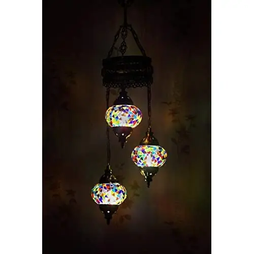 LaModaHome 35 + Unique Colors, 2020 Customizable Chandelier 3 Globes + Free 3 Bulbs, stunning Mosaic Turkish Lamp Moroccan Light