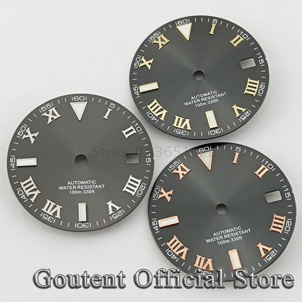 Goutent 29mm Sterile Gray Roman Numeral Watch Dial Green Luminous Fit NH35 Automatic Movement