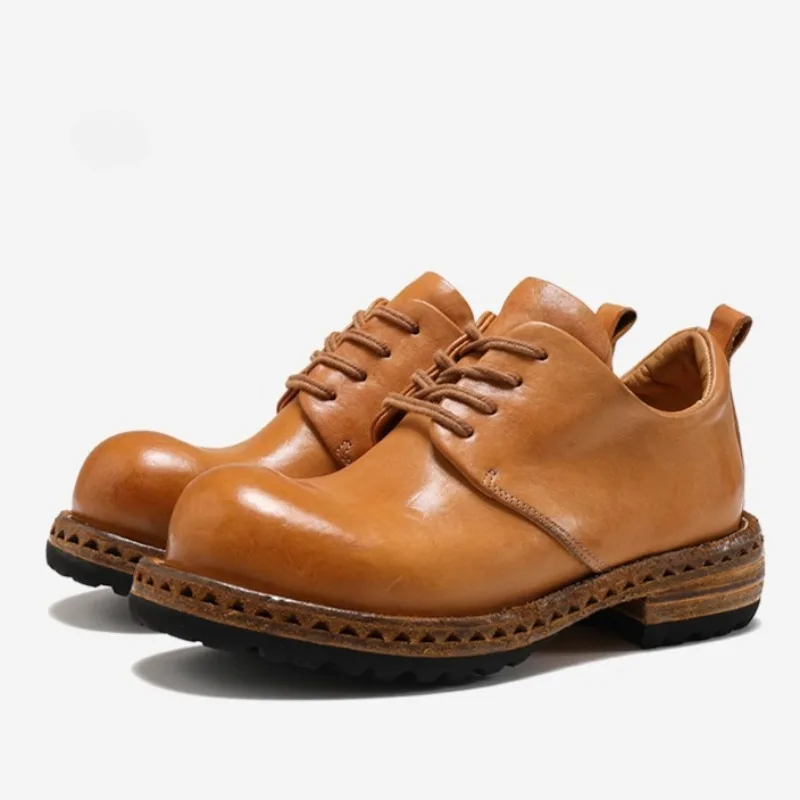 

Винтажная мужская рабочая обувь ручной работы из воловьей кожи с большим круглым носком, роскошные повседневные туфли дерби премиум-класса, уличная походная кожаная обувь