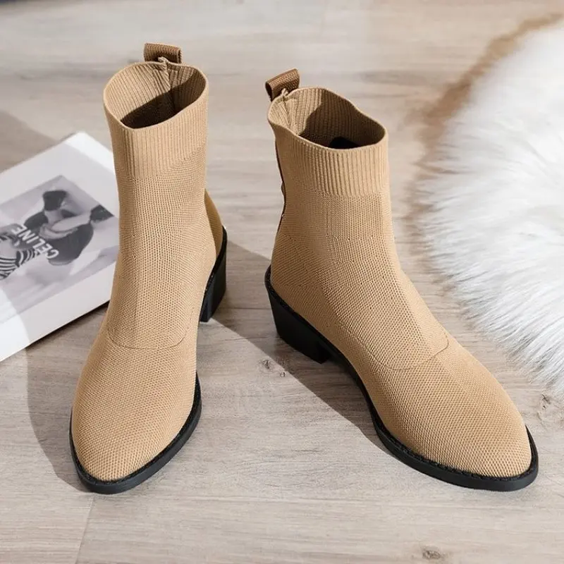 Sleeve Knitted Elastic Women's Mesh Red Heel Versatile Short Boots Spring and Autumn 2024 New Comfort Socks and Boots for Women