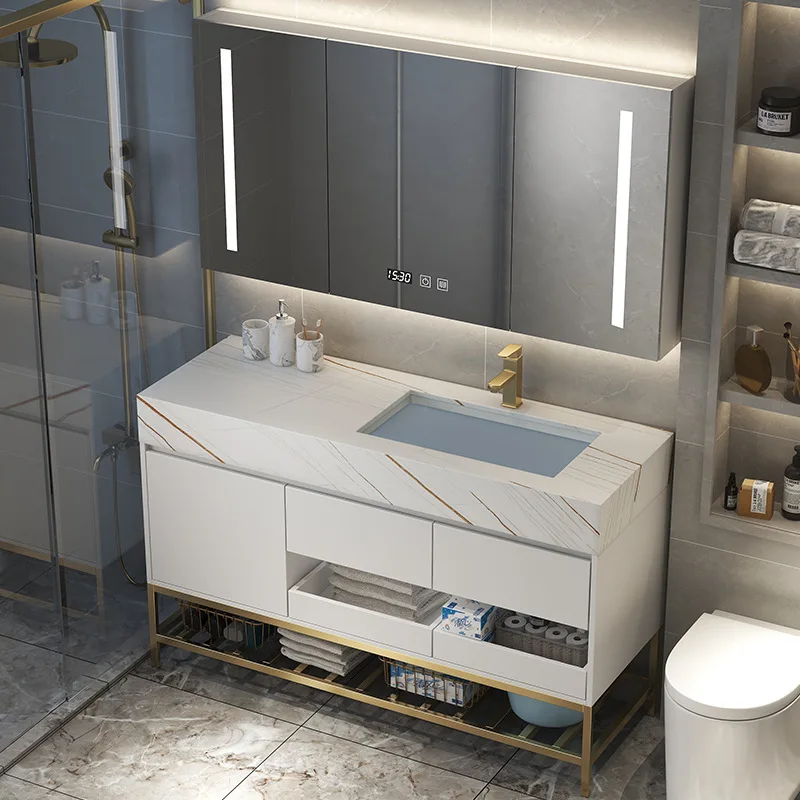 Mobile da bagno leggero e lussuoso con lastra di roccia Mobiletto a specchio intelligente dal pavimento al soffitto Lavabo per WC lavabo combinato