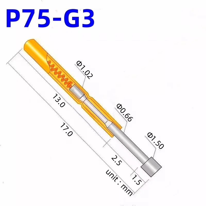 

100PCS Spring Test Probe P75-G3 Test Pin Copper Nickel Plated Electronic Spring Test Pin Head Dia 1.50mm P75-G Pogo Pin 1.02mm
