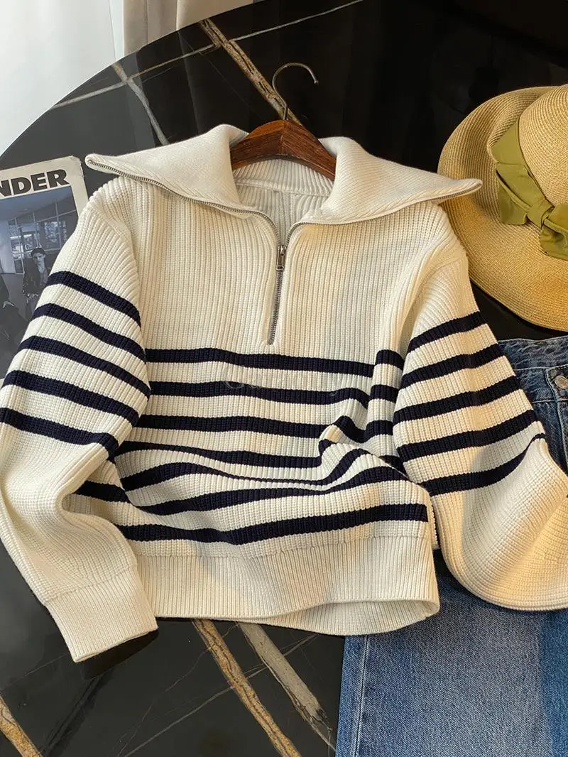 Garaouy 2023 New Women Vintage Striped Jumper Casual Sweater POLO Navy Neck Long Sleeve Female Autumn Winter Knit Pullover Tops