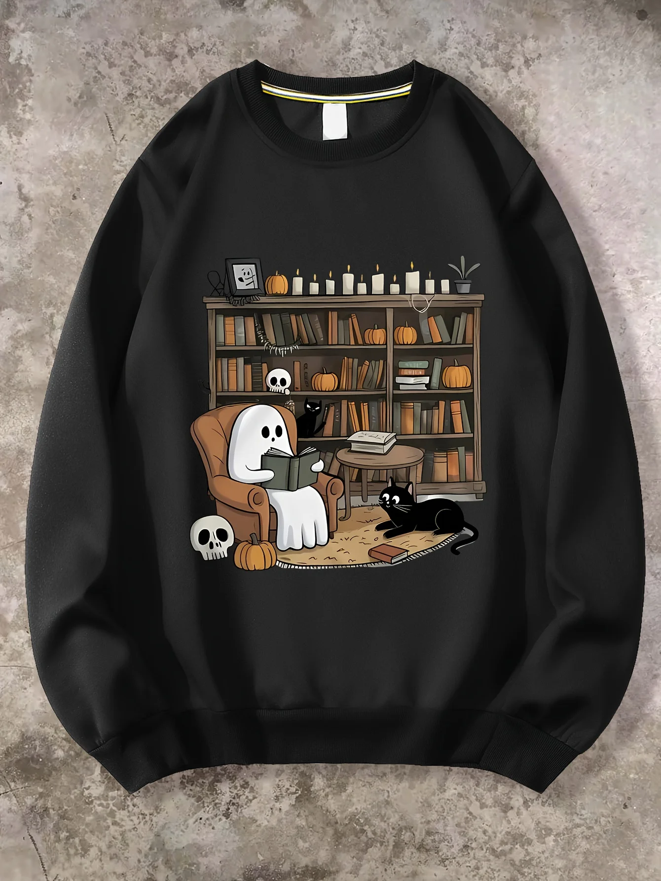 

Men'S Halloween Pumpkin Head & Bookshelf Graphic Sweater - Soft Polyester Loose Fit Round Neck Pullover，Comfortable Pullover