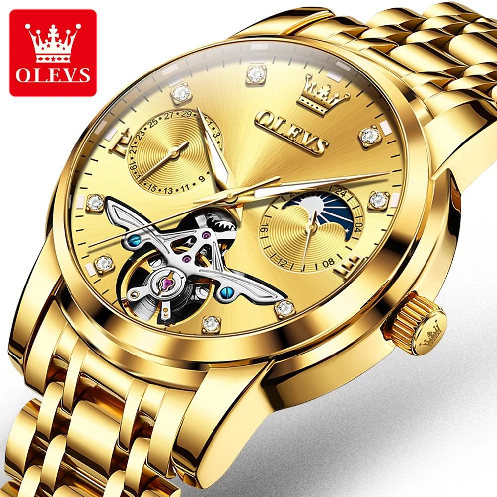 

OLEVS Brand Luxury Tourbillon Mechanical Watch for Men Stainless Steel Waterproof Fashion Moon Phase Watches Relogio Masculino